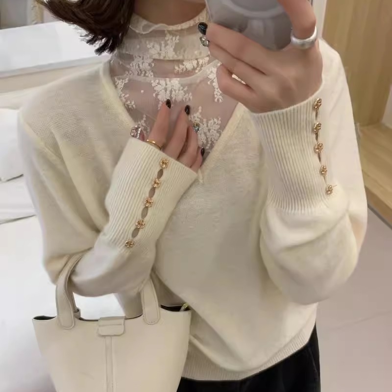 BADX正品韩系温柔风蕾丝小堆领假两件毛衣女25秋冬洋气打底针织衫