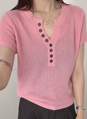 BADX正品法式纯色纽扣V领短袖T恤女2026春季洋气百搭坑条针织上衣