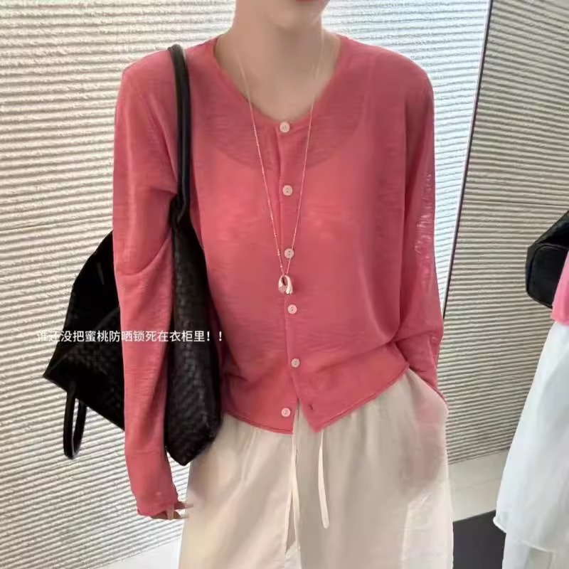 纯色简约单排扣长袖针织开衫女2025夏季新款韩版宽松圆领防晒上衣