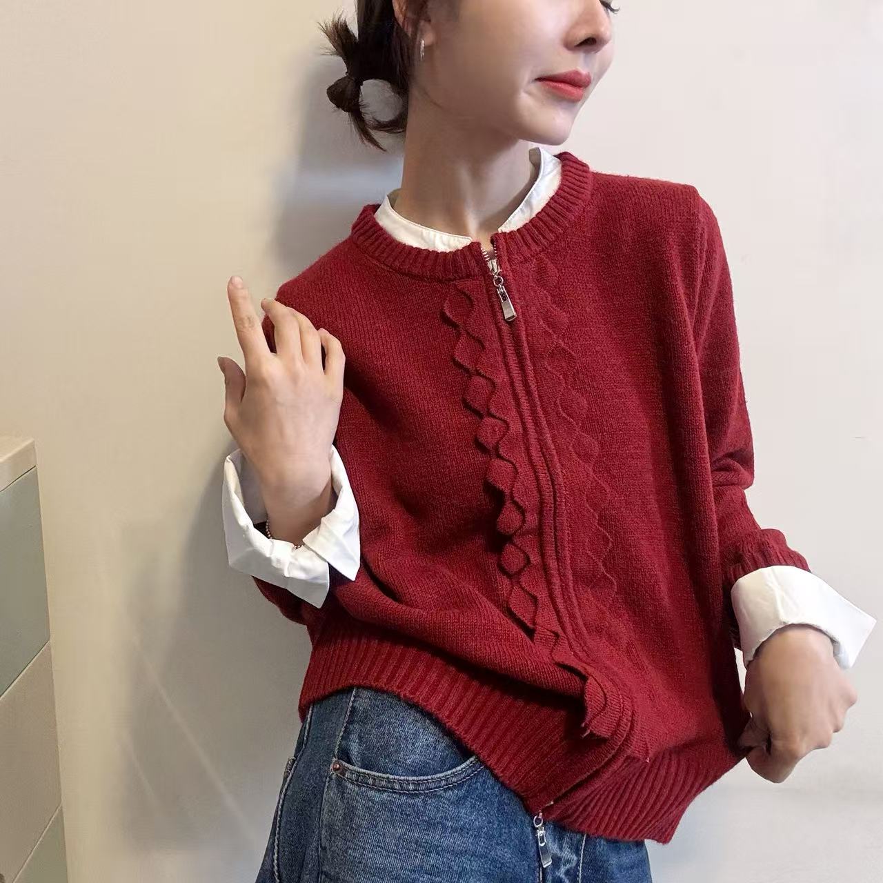 BADX正品拼接假两件针织开衫女冬季韩版时尚双头拉链圆领打底毛衣