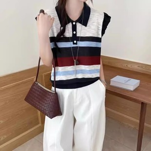 宽松显瘦百搭无袖 2025早秋新款 女薄款 拼色POLO领小飞袖 上衣 针织衫