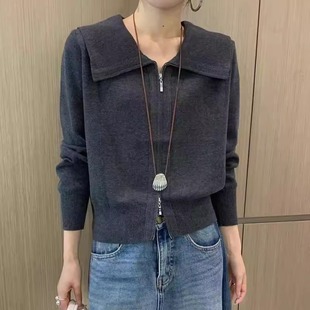 25秋季 韓系氣質顯瘦通勤上衣外套女 洋氣減齡海軍領雙拉鏈針織開衫