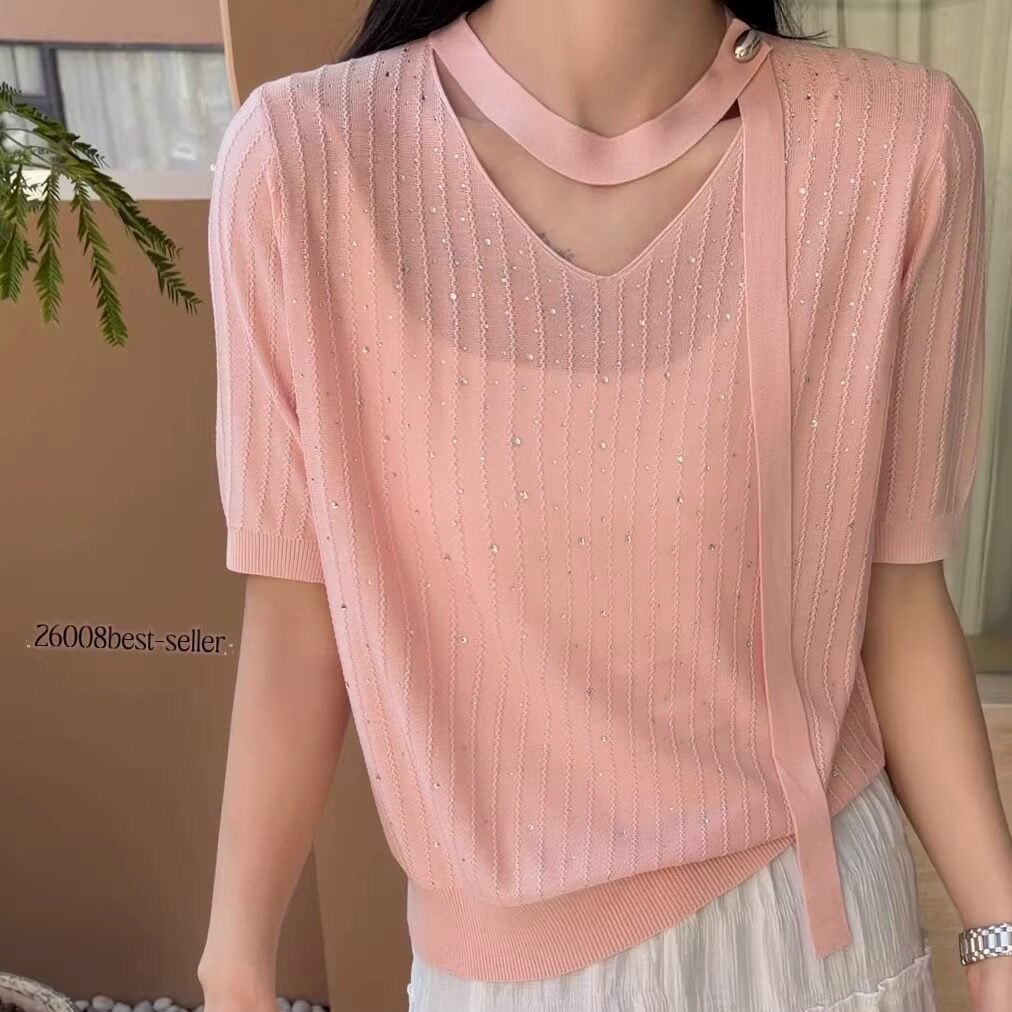 BADX正品法式V领飘带钻钻短袖针织衫女26春夏款独特别致漂亮上衣