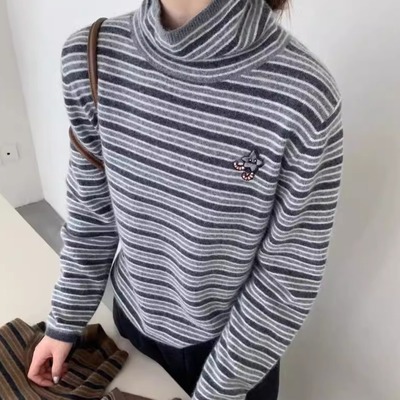 BADX正品秋冬新款卡通刺绣拼色条纹长袖针织衫女时尚百搭显瘦毛衣