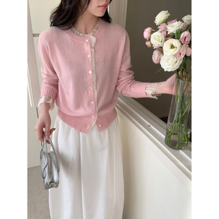 BADX正品甜美温柔风蕾丝边针织开衫女26新款气质减龄小羊驼绒毛衣