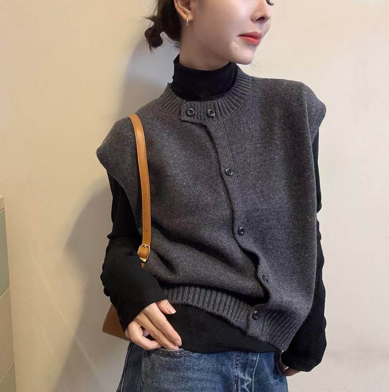 BADX正品韩系圆领针织开衫马甲女2025冬季长袖打底衫叠穿两件套潮