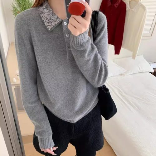 BADX正品亮片小翻领纽扣蜜熊绒针织衫女冬季宽松显瘦百搭长袖毛衣