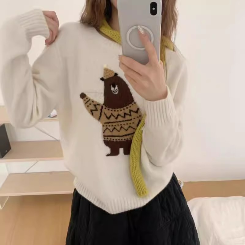 BADX正品洋气卡通刺绣毛衣女冬季宽松百搭长袖无缝一体羊毛针织衫