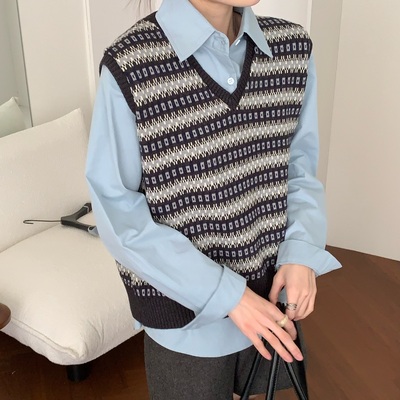 BADX正品25冬季韩版宽松显瘦耗牛绒针织背心马甲长袖衬衣两件套女