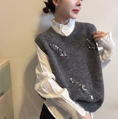 BADX正品灰色亮片针织马甲女冬季洋气坎肩毛衣背心衬衫叠穿两件套