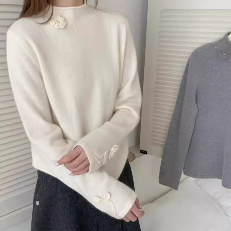 BADX正品工重钉珠立体花朵卷边领蜜熊绒针织衫冬季宽松软糯毛衣女