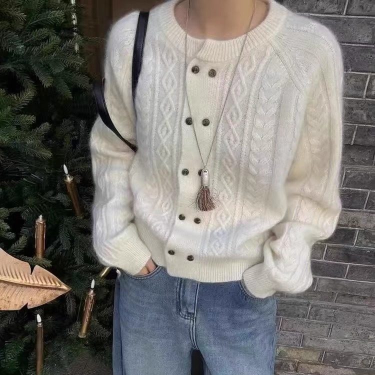 BADX正品纯色圆领麻花纹针织开衫女25冬季新款双排扣毛衣外套上衣,女装/女士精品,毛针织衫,淘宝优惠券,粉丝福利购,淘宝优惠卷