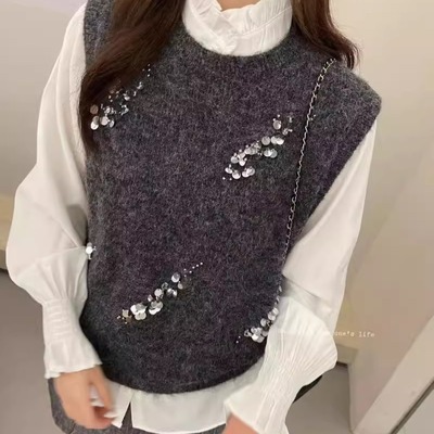 BADX正品25冬季新款亮片针织马甲时髦洋气毛衣背心叠穿衬衫两件套