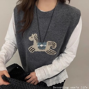 BADX正品冬季韩系洋气减龄卡通刺绣针织马甲背心叠穿衬衫两件套女