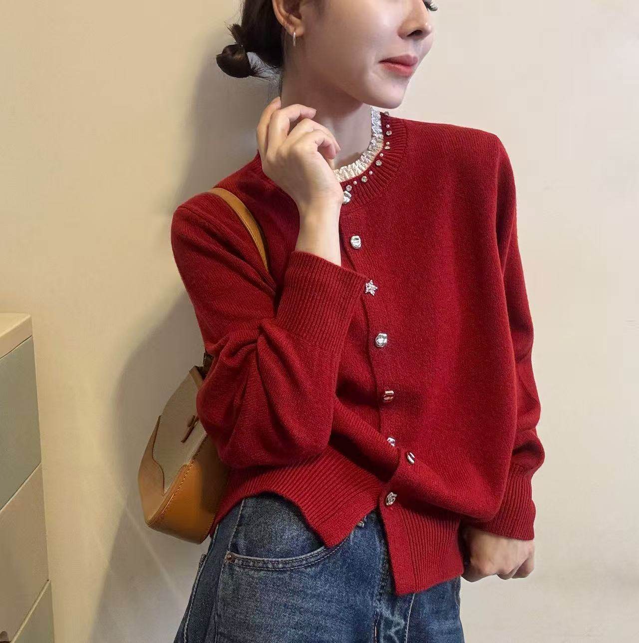 BADX正品领口蕾丝花边烫钻针织开衫女25冬季宽松显瘦气质毛衣外套