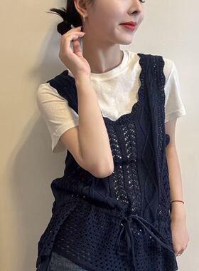 BADX正品春季韩系镂空钩花系带针织背心叠穿短袖T恤上衣两件套女