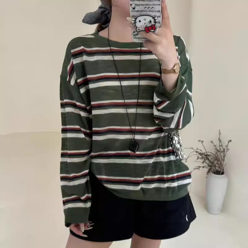 条纹撞色圆领针织防晒外搭上衣女25夏季宽松慵懒薄款空调长袖罩衫