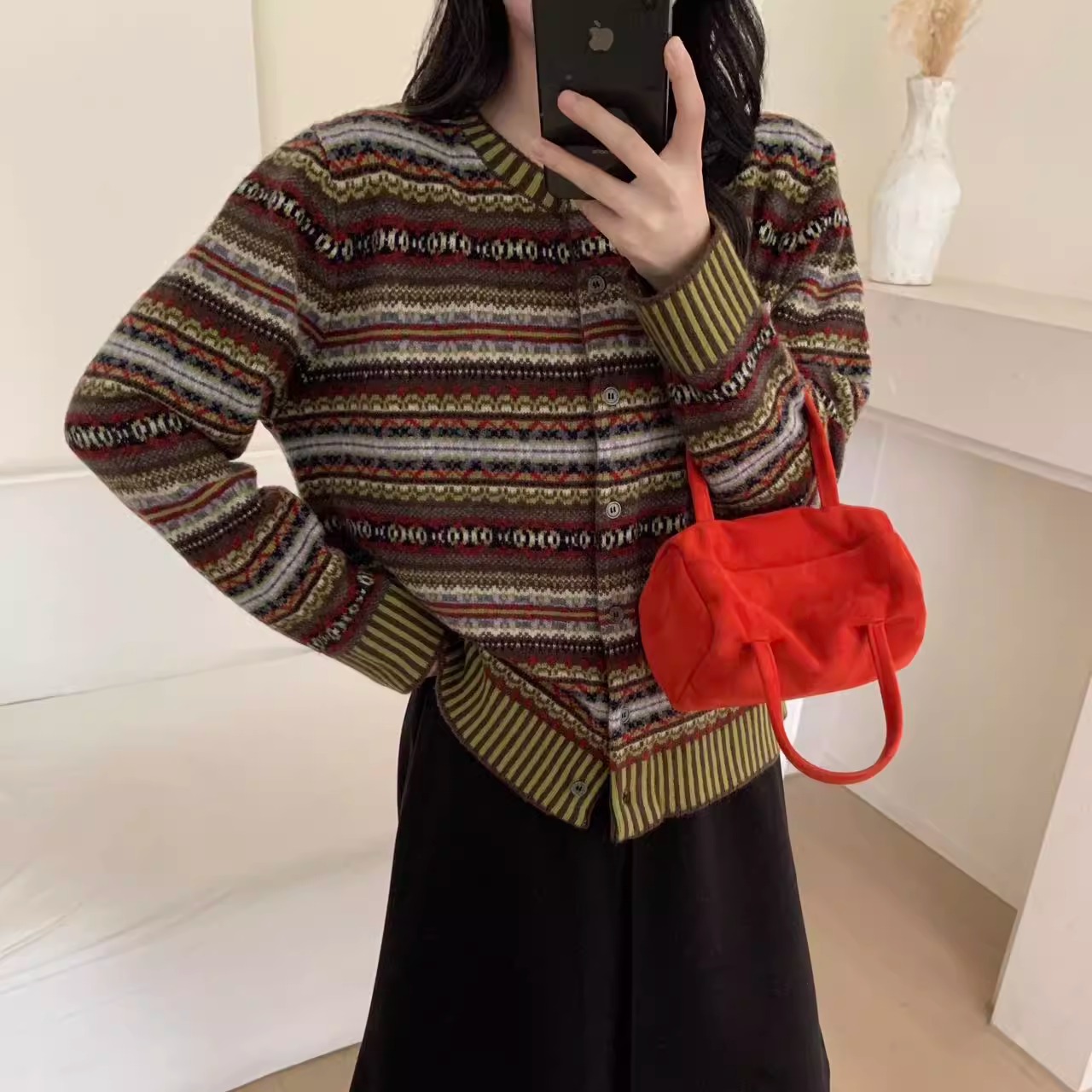 BADX正品圆领撞色毛衣外套女2025冬季费尔岛提花长袖圆领针织开衫