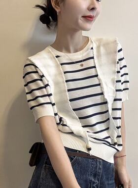 BADX正品韩版时尚披肩款条纹针织T恤春季气质显瘦百搭短袖上衣女