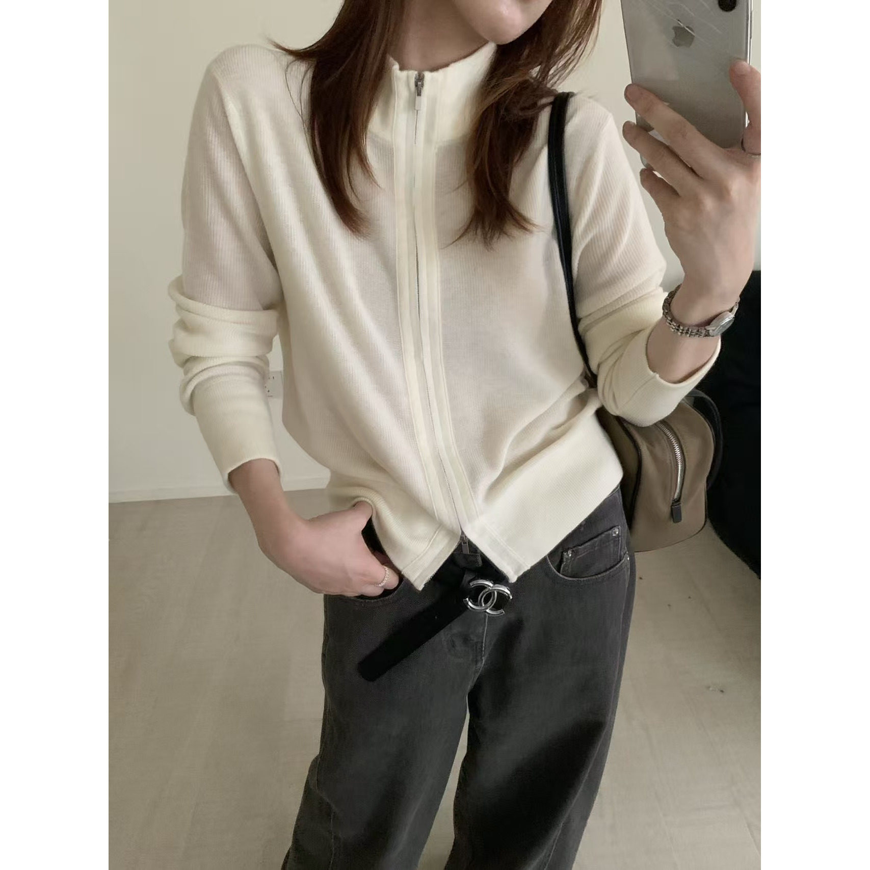 BADX正品韩范洋气简约立领拉链针织开衫女26秋季时尚百搭毛衣外套