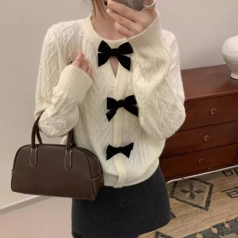 BADX正品别致绝美蝴蝶结套头毛衣女2025冬季麻花设计感针织衫上衣