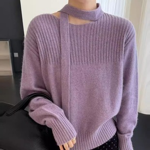 BADX正品韩系温柔挂脖飘带羊毛针织衫女25冬季高级感宽松套头毛衣