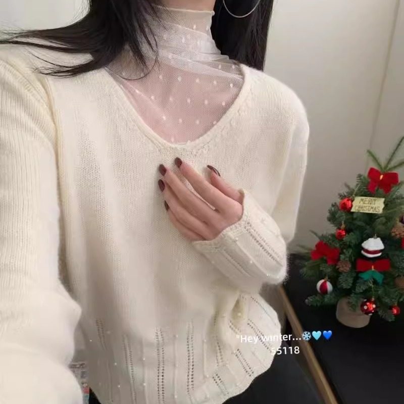 BADX正品设计感v领钉珠拼蕾丝针织衫女冬季时尚宽松内搭打底毛衣