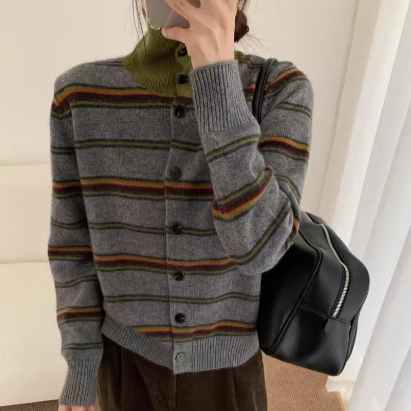 BADX正品单排扣复古撞色针织开衫女毛衣冬季宽松休闲显瘦条纹上衣