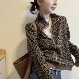BADX秋季欧货时尚洋气豹纹针织开衫毛衣外套女宽松设计感上衣