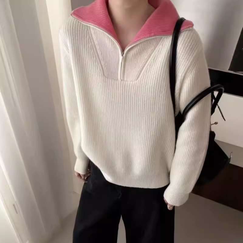 BADX正品冬季时髦撞色翻领拉链设计感宽松百搭长袖羊毛针织毛衣女