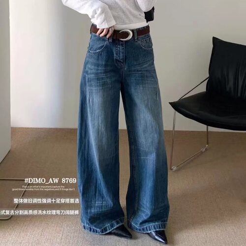 美式复古弯刀高腰显瘦牛仔裤女