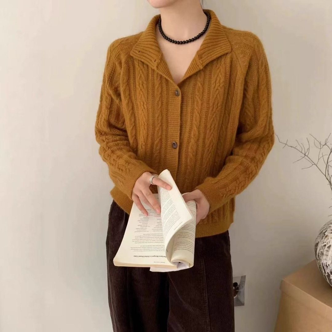 BADX正品复古软糯立领麻花毛衣外套女冬季洋气宽松显瘦针织衫开衫