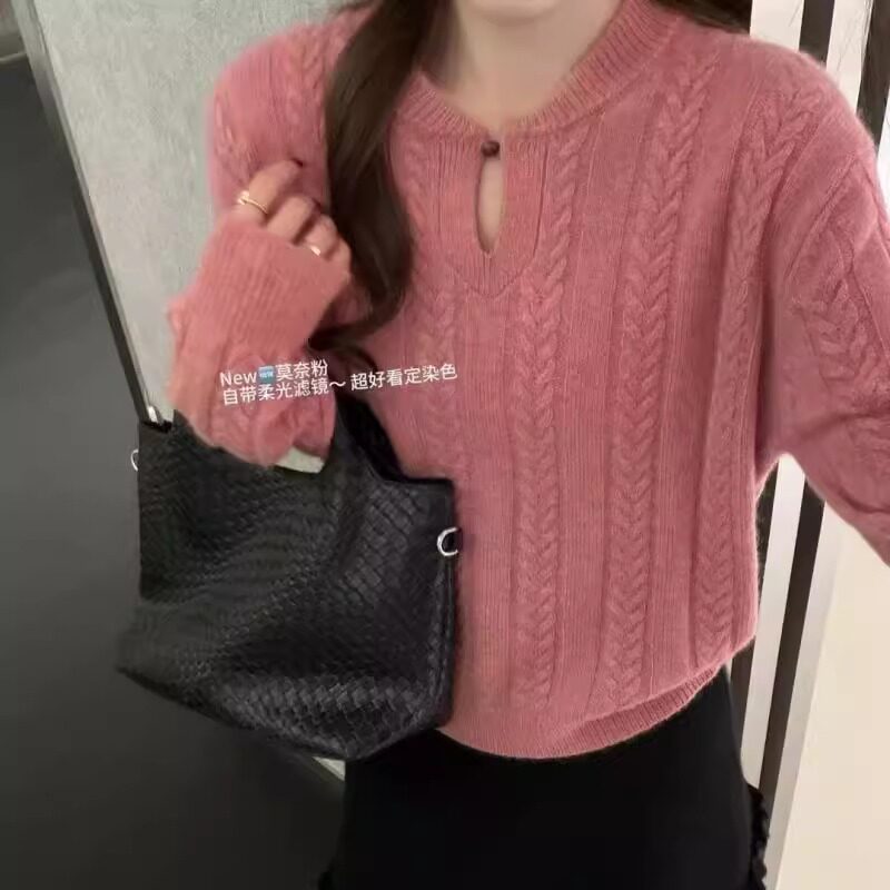 BADX正品纯色镂空麻花套头毛衣女25冬季宽松慵懒风羊毛兔毛针织衫