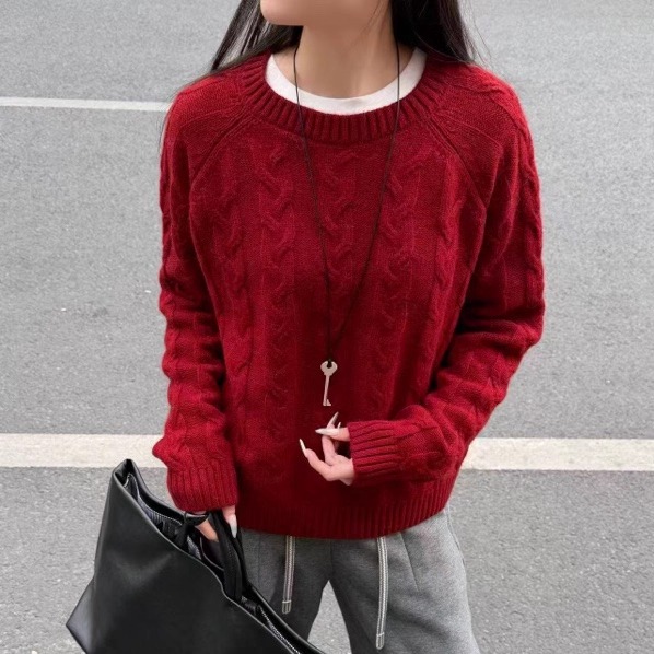 BADX正品复古经典款麻花纹毛衣25冬季韩版宽松圆领套头针织上衣女