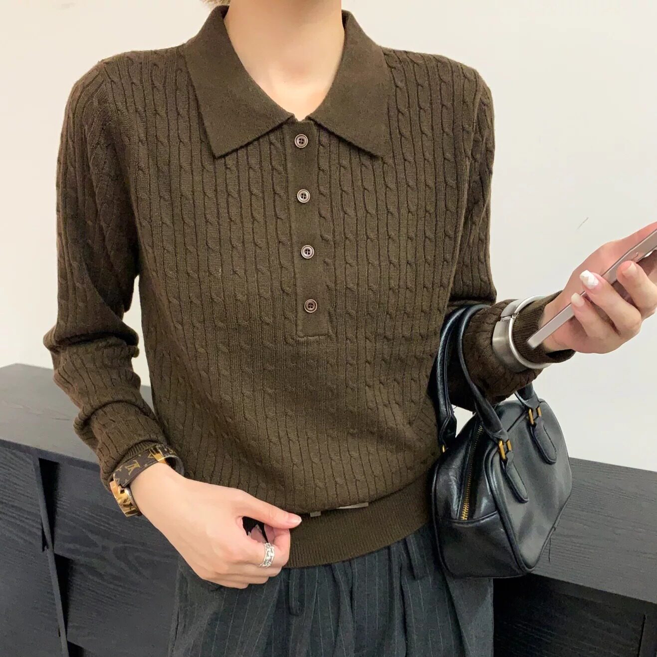 BADX正品韩系polo领麻花针织衫女长袖2026秋季新款宽松百搭上衣潮