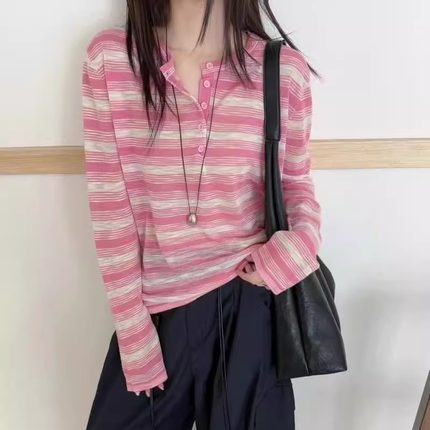 慵懒松弛感薄款条纹长袖针织衫女2025早秋宽松短款外搭防晒衫上衣