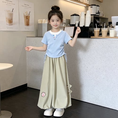 2026女童夏季洋气潮流蓝色短袖上衣中大童休闲百搭裤子套装