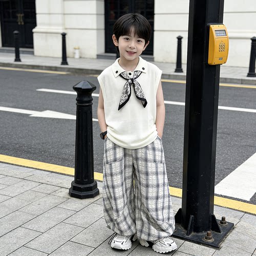 2026夏季男童夏装套装老钱风儿童冰丝无袖背心针织衫防蚊裤两件套