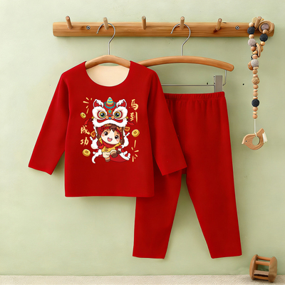 本命年2026马年女童秋冬德绒睡衣保暖套装男童打底秋衣秋裤家居服