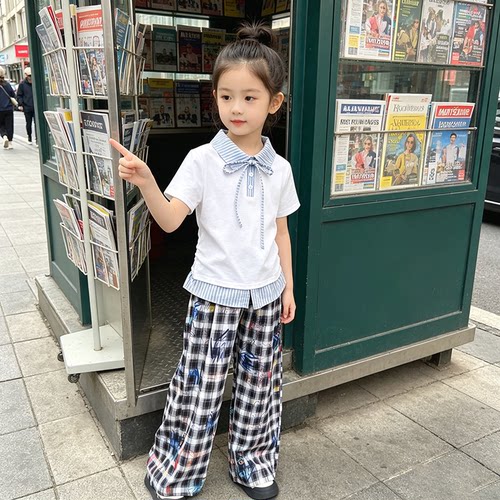 中大童甜美翻领短袖套装夏季女童休闲潮流涂鸦格子裤女孩夏装两件