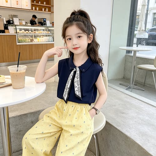 2026夏季新款女童丝巾翻领短袖套装中大童时髦休闲阔腿裤夏装两件