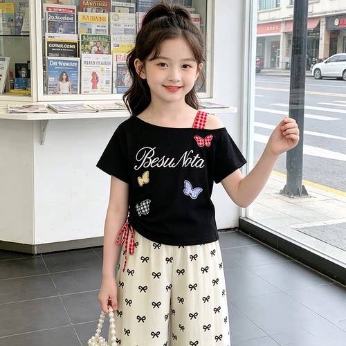 2026新款女童夏季洋气潮酷斜肩短袖上衣中大童时尚潮流阔腿裤套装
