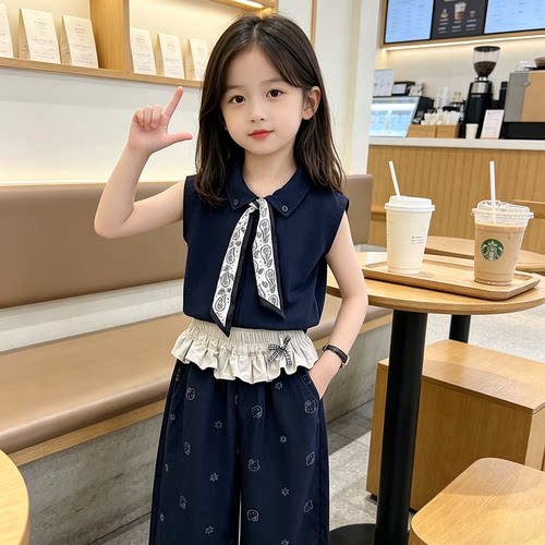 女童韩系翻领无袖套装夏季新款中大童宽松猫咪阔腿裤夏装两件套