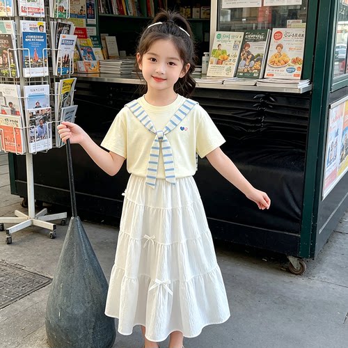 女童时髦韩系海军领短袖套装夏季洋气中大童白色长裙休闲两件套夏