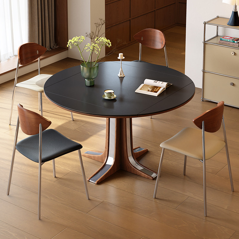 梵创 岩板折叠圆餐桌小户型可伸缩法式复古正方形实木餐桌椅组合