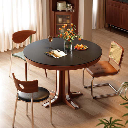 中古风实木伸缩餐桌圆形岩板法式