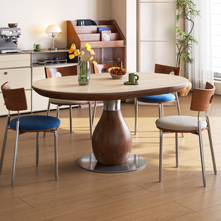 梵创 可伸缩岩板餐桌圆形可变椭圆形餐桌现代简约德利丰洞石岩板