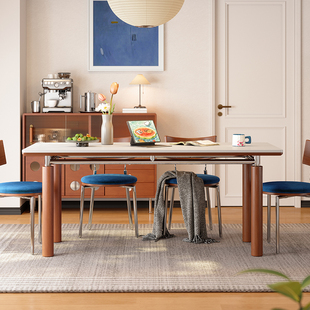 梵创 岩板餐桌长方形包豪斯中古奶油风小户型家用德利丰全托饭桌