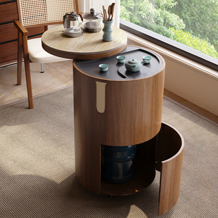 梵创 阳台小茶桌可移动小型中古风洞石岩板茶台多功能胡桃木茶车