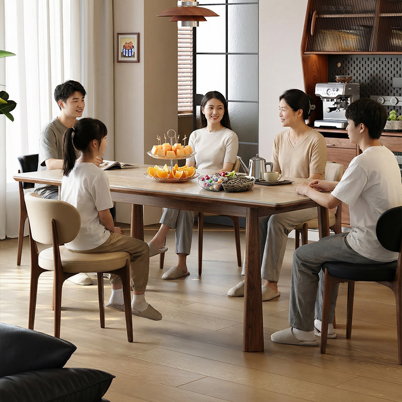 梵创 中古风岩板餐桌椅子客厅家用高端全实木托长方形餐桌椅组合